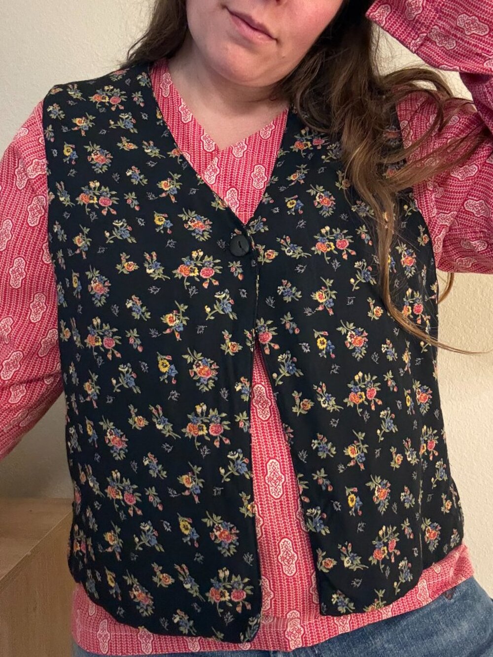 Vintage Handmade 70s Navy Ditsy Dark Floral Vest S-L Petite